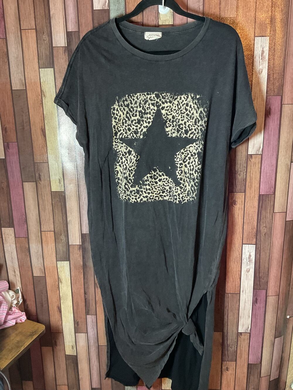 Women’s Refined Canvas Vintage Wash Black Leopard Star Shirt Dress Size M/L